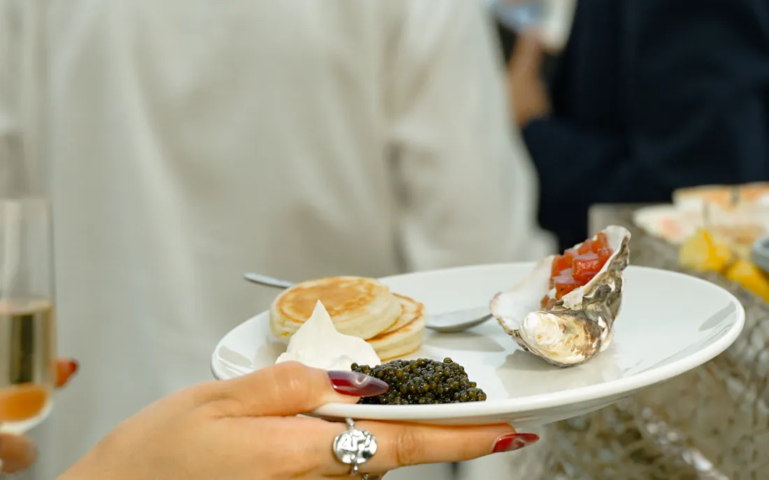 Caviar and blinis by Roberto&rsquo;s served on Riva Diva