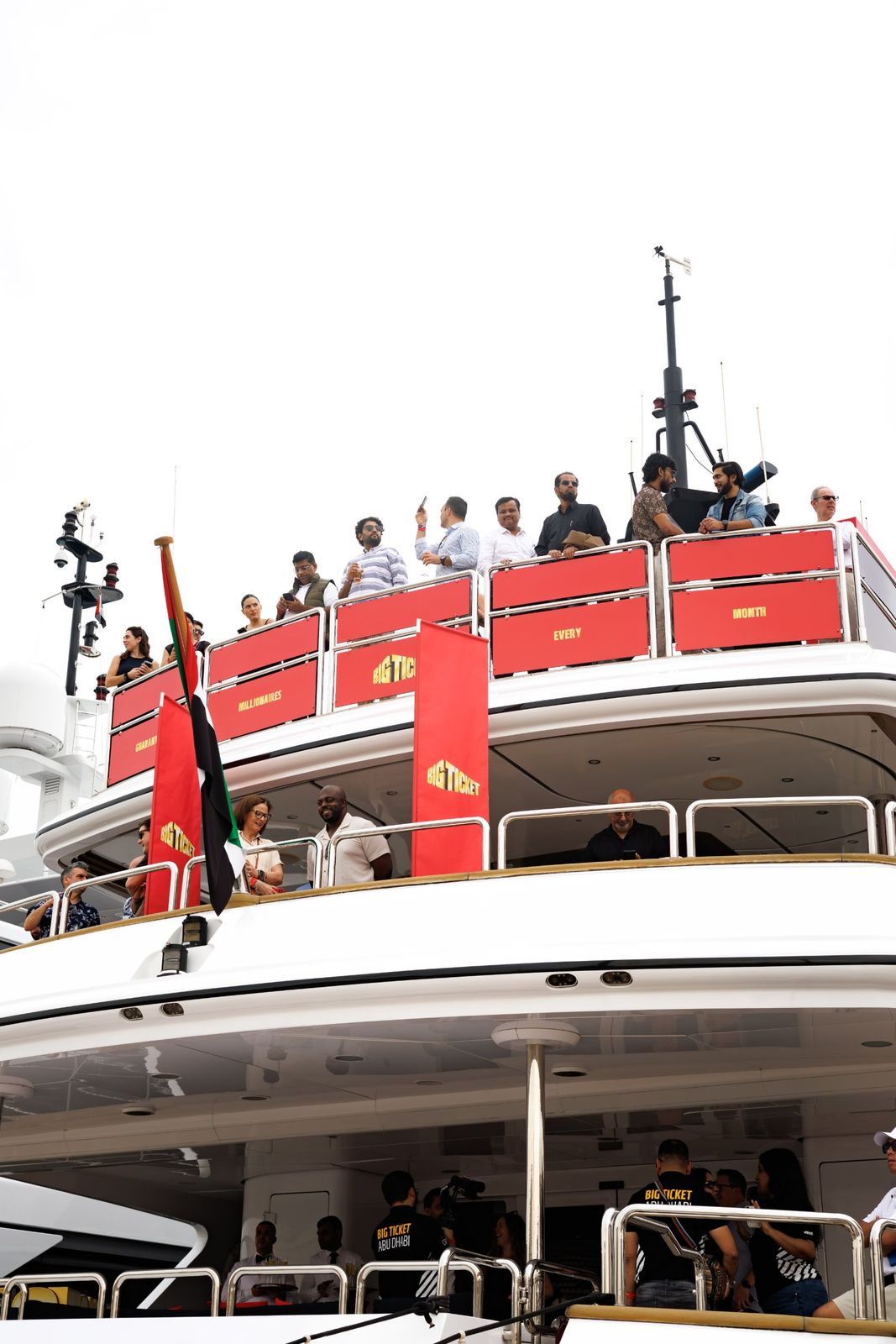The yacht dressed in Big Ticket branding at Yas Marina