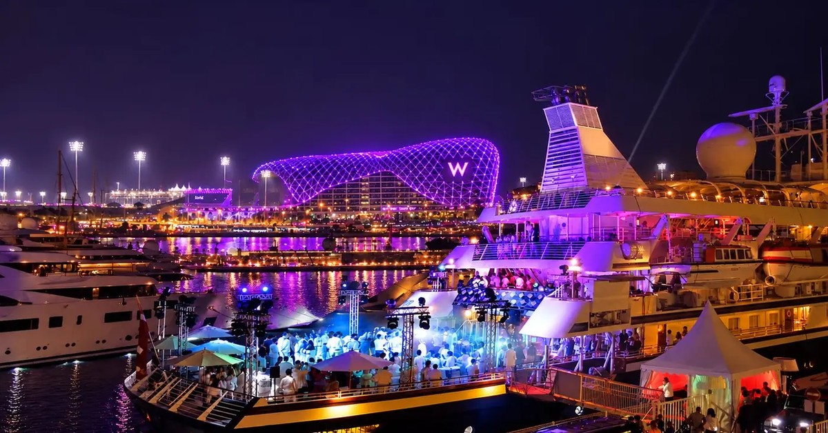 The megayacht lit up at night in Yas Marina during the Abu Dhabi Grand Prix