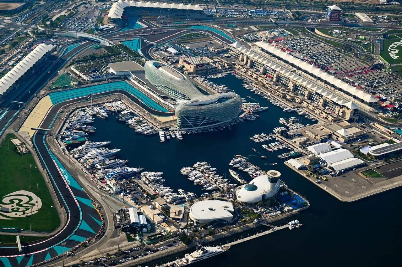 Aerial view of Yas Marina and the Yas Marina Circuit with Behike marked at Berth 47