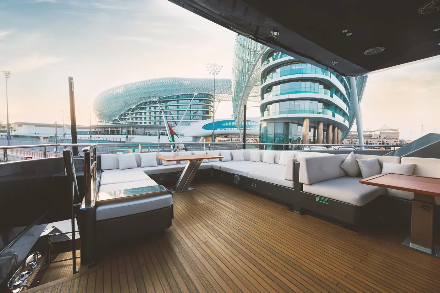 The sundeck of a superyacht in Yas Marina on qualifying day