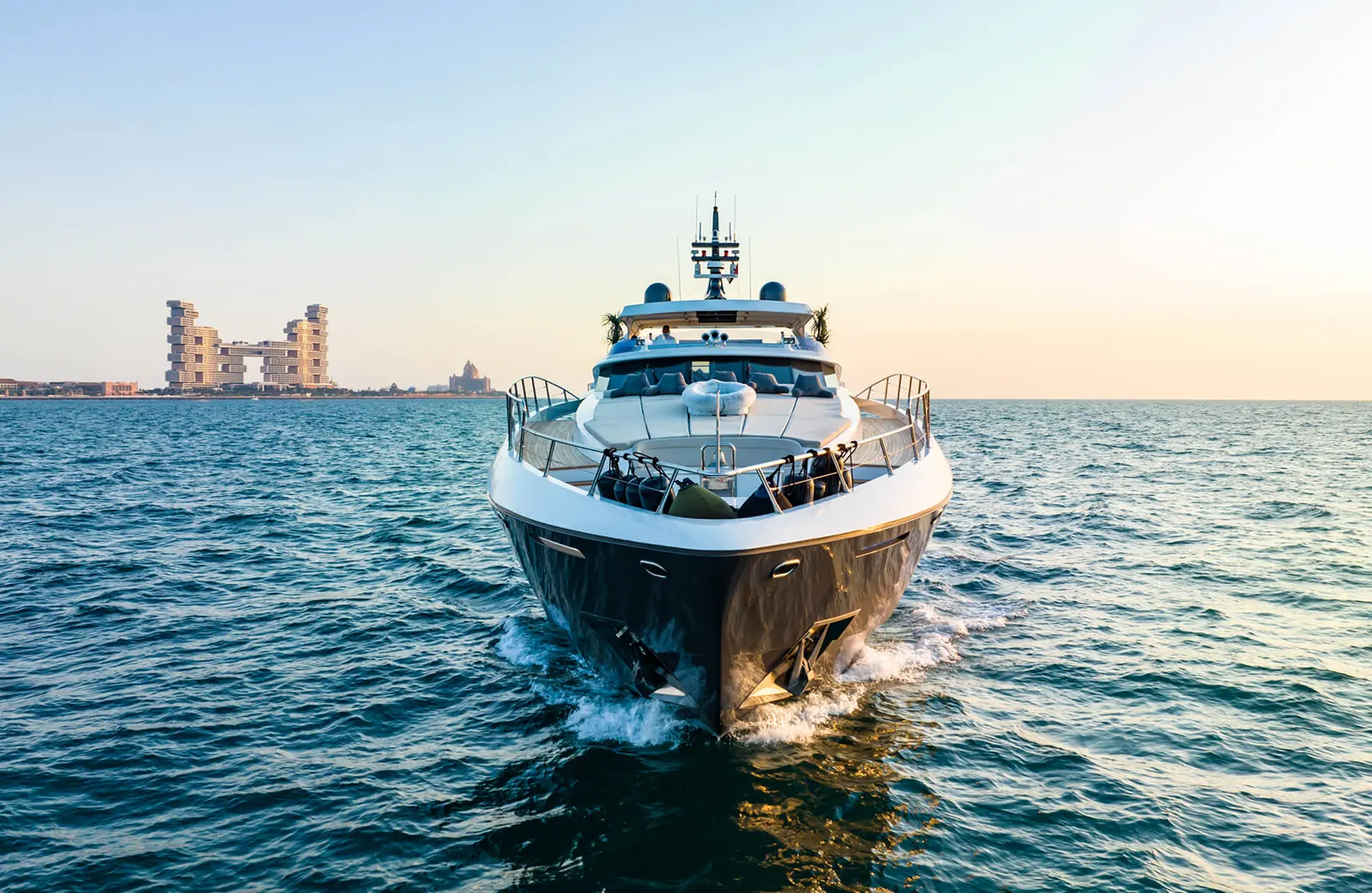 Khalili bow view at sea, Formula 1 hospitality yacht
