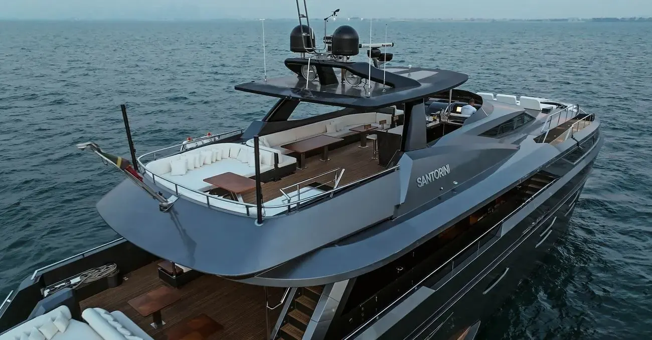 Santorini superyacht from above, Formula 1 hospitality yacht