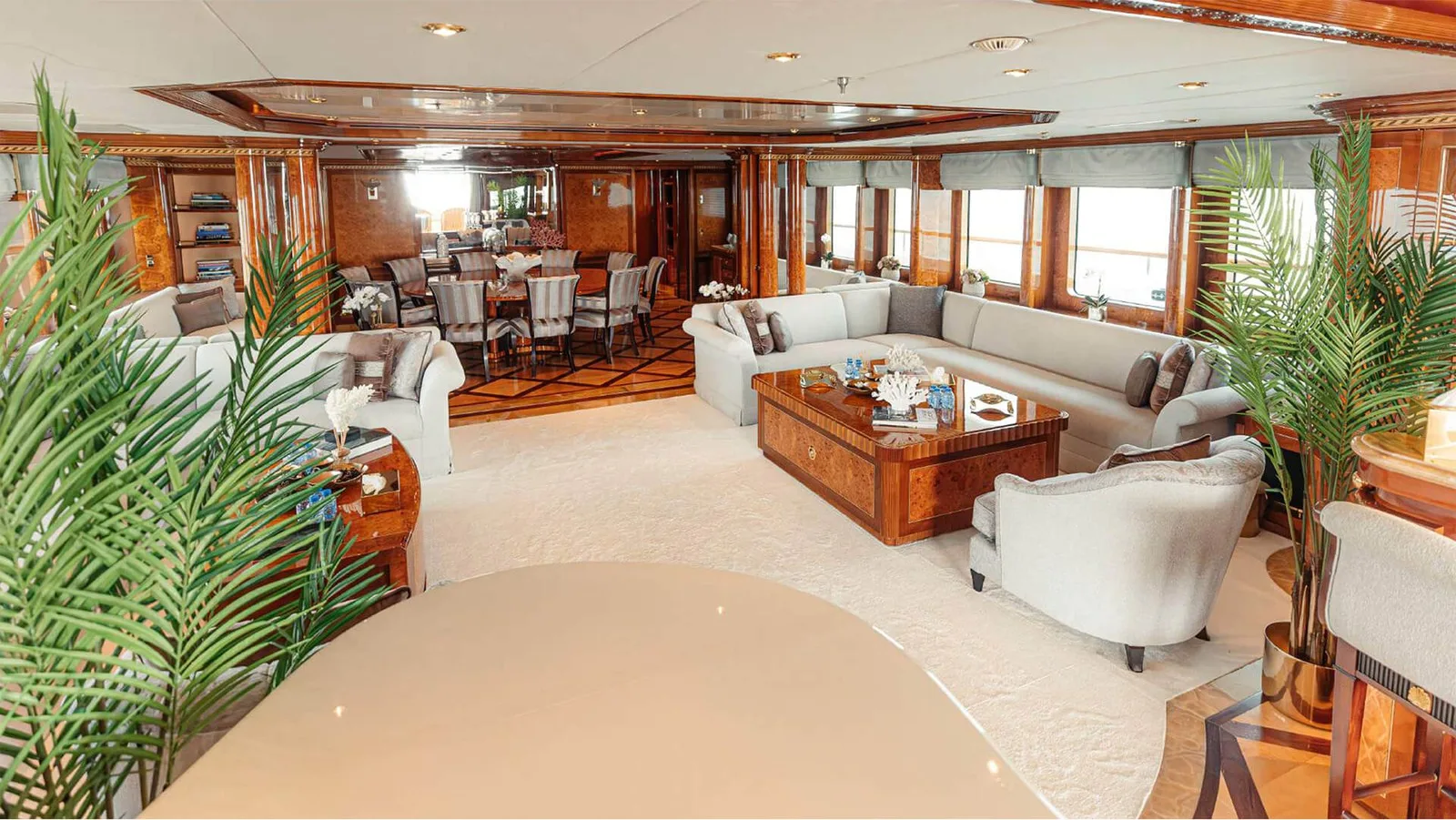 ZAF main salon with sofas and burr walnut panelling