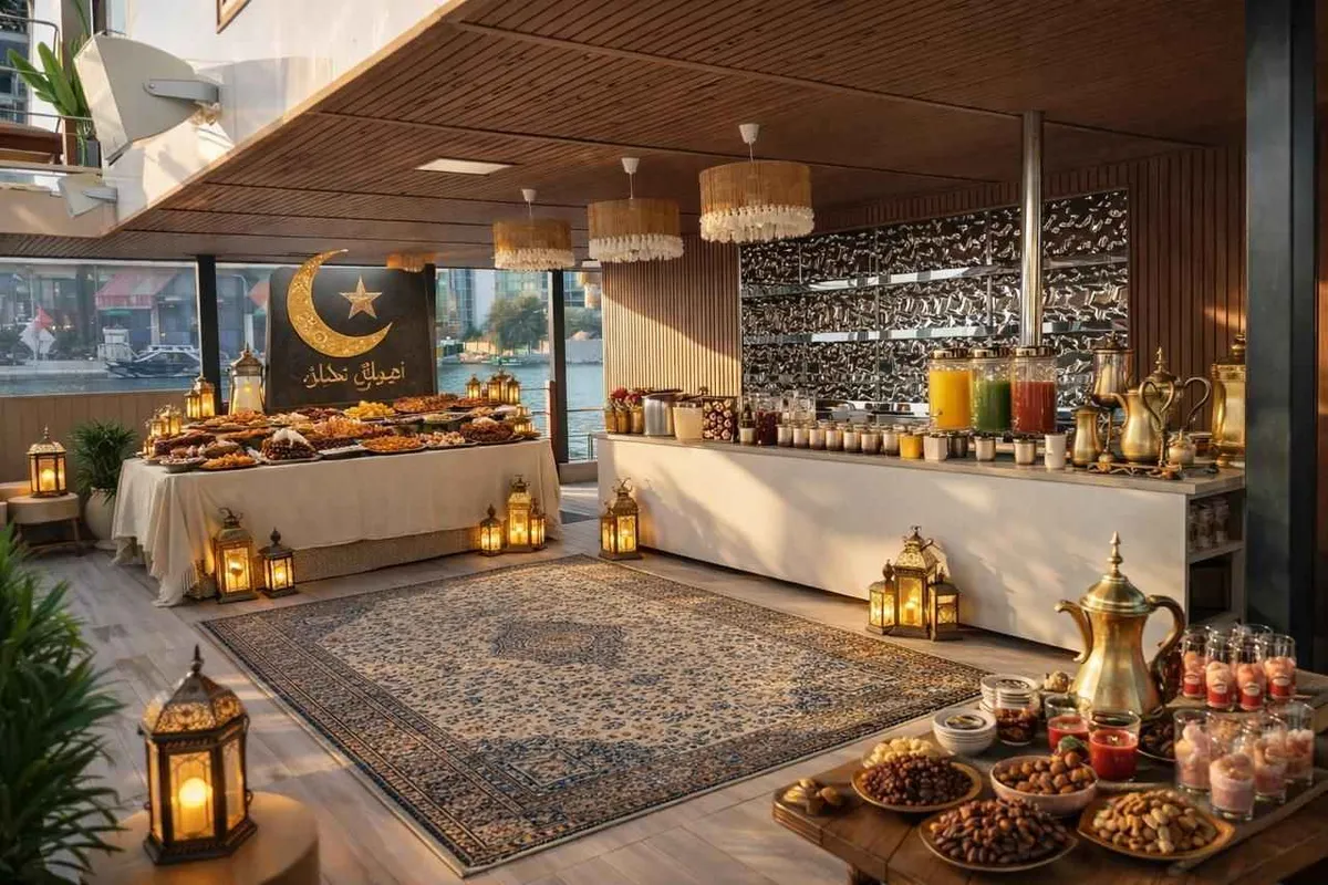 Standing buffet laid out for guests at an event in Dubai