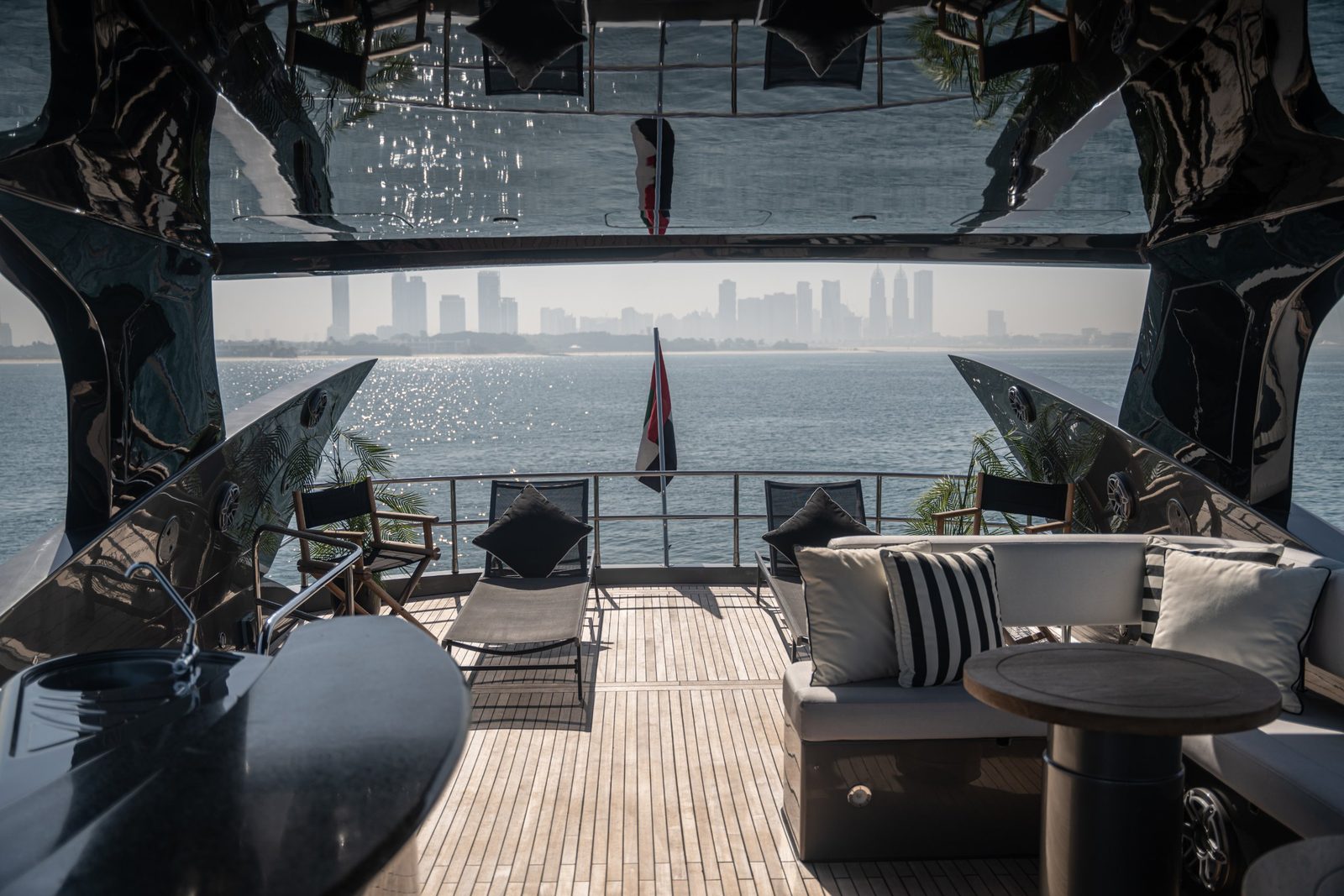 Matrix flybridge sunloungers with the Dubai skyline