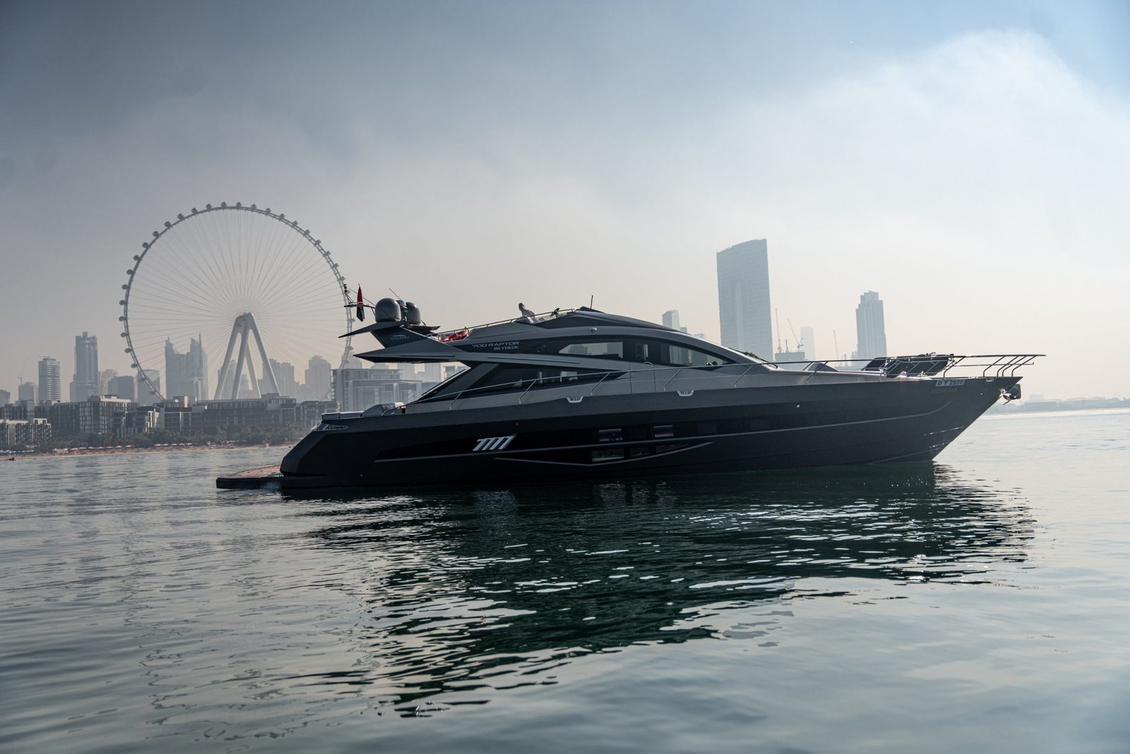 Morrigan, a 70 ft Galeon yacht, at anchor in front of Ain Dubai