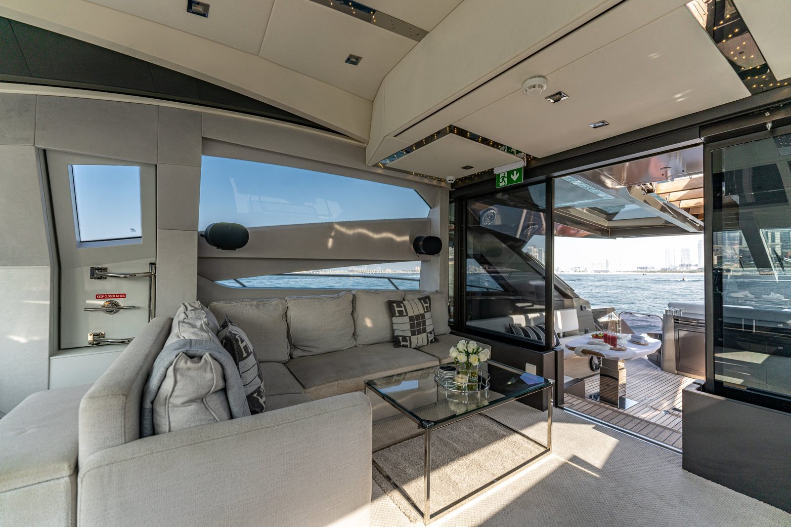 Morrigan salon sofa opening onto the aft deck