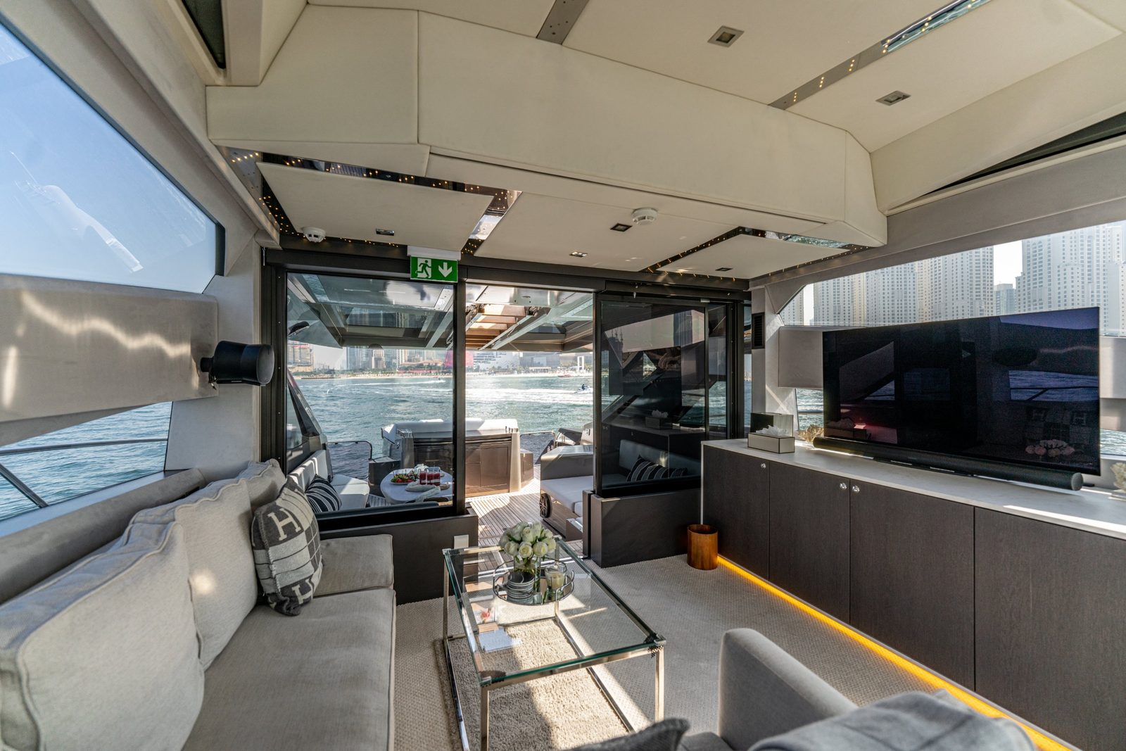 Morrigan salon looking out to the aft deck